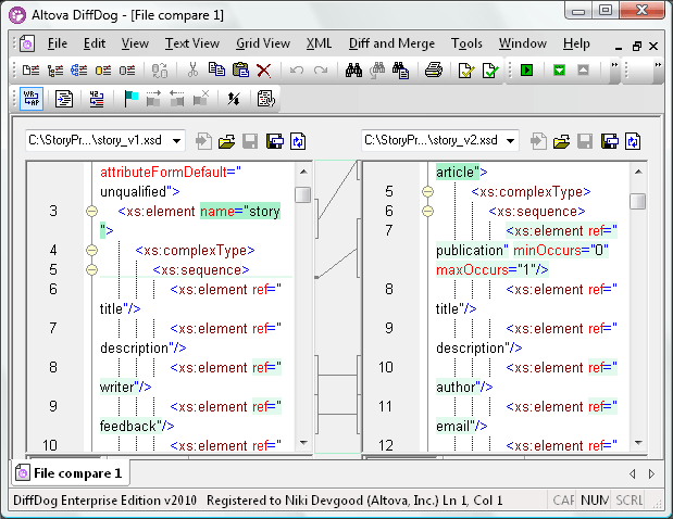 DiffDog file comparison view of XML Schemas