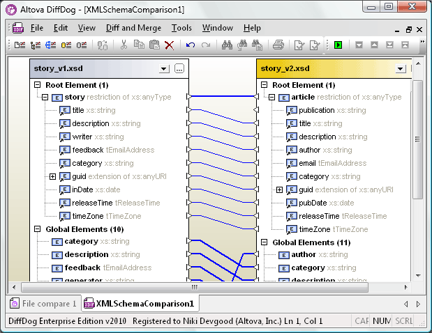 User-mapped XML Schemas in DiffDog XML Schema Differencing view