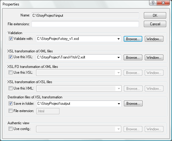 XMLSpy project folder properties dialog