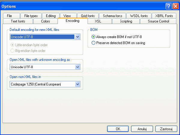 XMLSpy encoding options