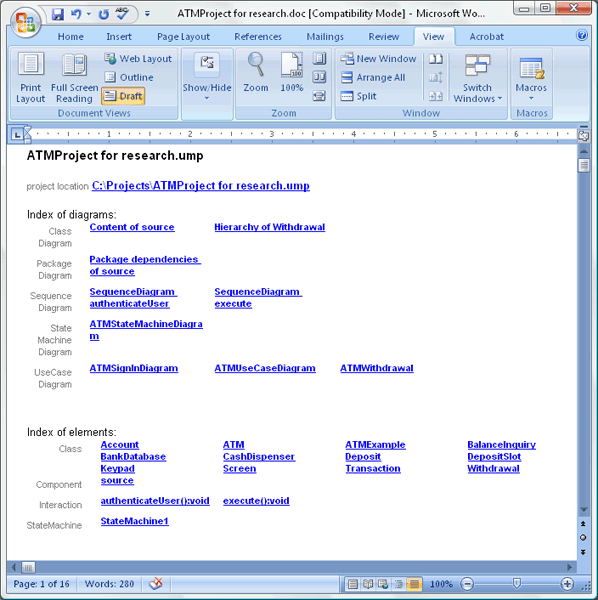 Altova UModel project documentation in Word format