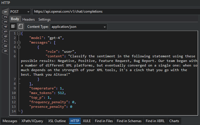 Using the XMLSpy HTTP Window to test posting a JSON request to the OpenAI API