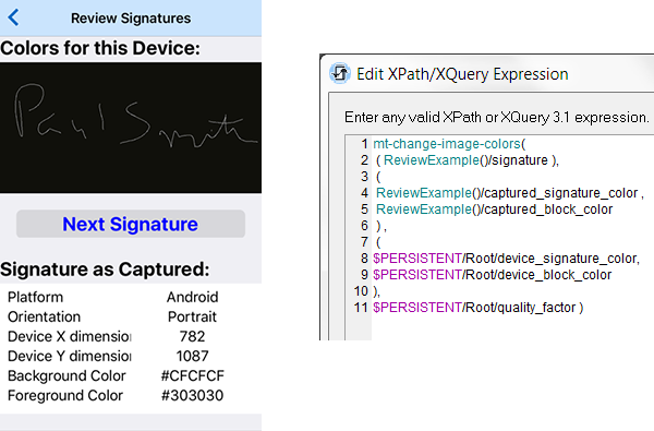 Review captured signature with the Altova Signatures demo cross-platform mobile apps