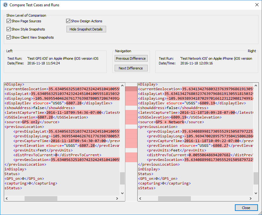 Comparison of MobileTogether Automated Test Run Results for iOS