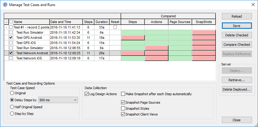 Completed test cases in the MobileTogether Designer