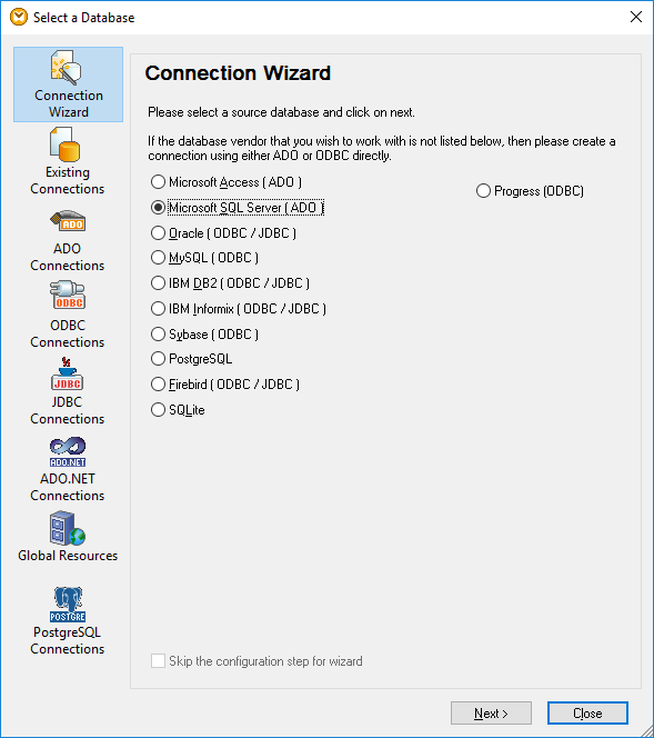 The Database Connection Wizard works the same way for all Altova products
