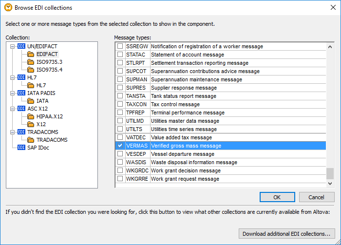 MapForce EDI Collections dialog for EDI data mapping