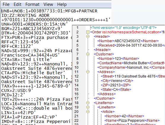 Source data and XML output after EDI data translation