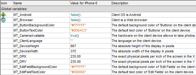 MobileTogether Global Variables dialog