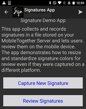 Opening screen of the Signatures cross-platform demo mobile app