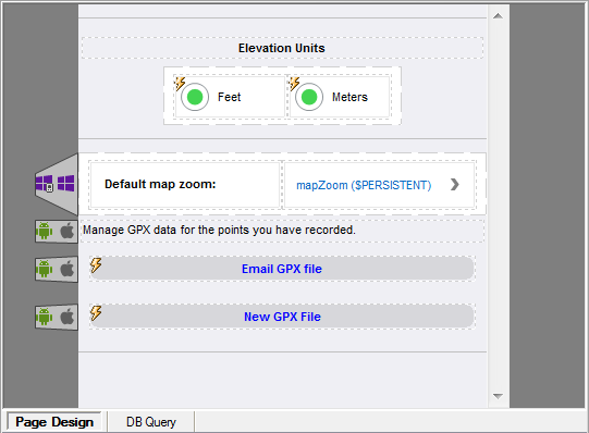 Settings Page in MobileTogether Design View where mobile app features are created