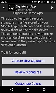 MobileTogether Signatures Demo app on an Android device