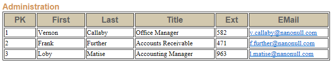 A database table included in a StyleVision report