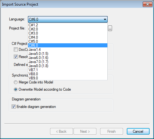 UModel Import Source dialog for quick-start software modeling of existing code