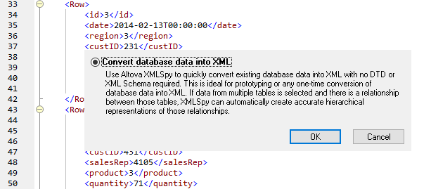 XMLSpy can directly convert database tables to XML