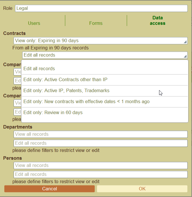 Refining access rights using filters