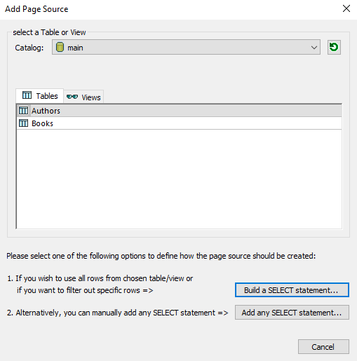 Select database tables for the app