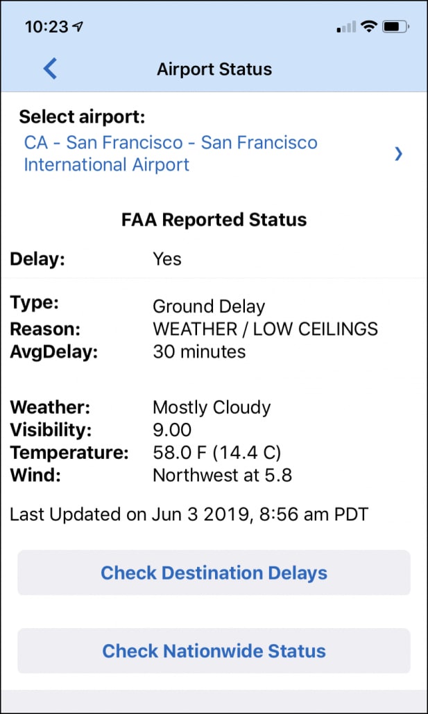 Airport Status mobile app as seen on an iPhone