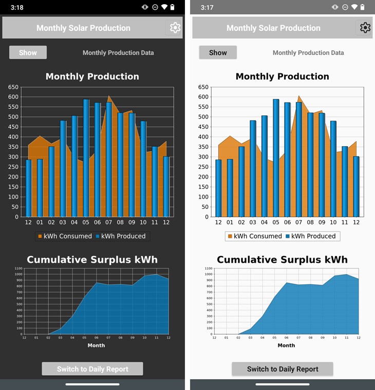 Another view of the app in Dark Theme and Light Theme