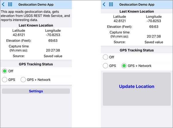 Two views of the GPS demo mobile app