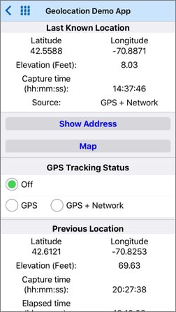 Data view of a location recorded by the GPS demo app