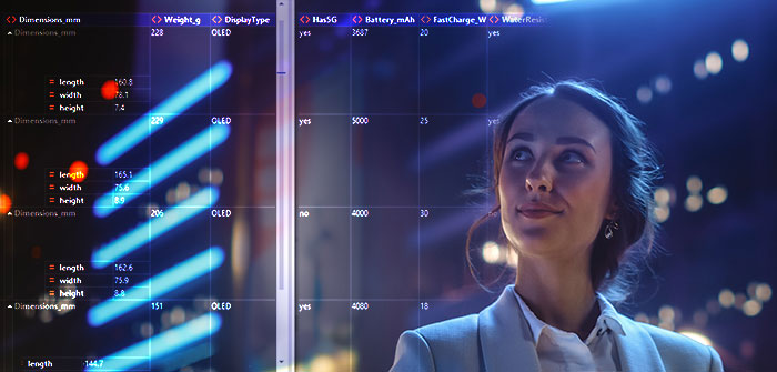 Decorative image of a female viewing  computer programming on a large screen