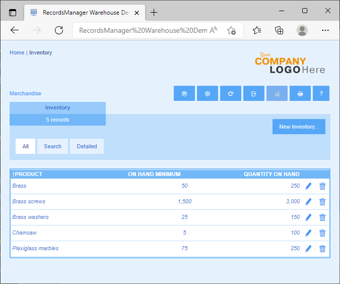 The Altova RecordsManager inventory view seen in a desktop web browser