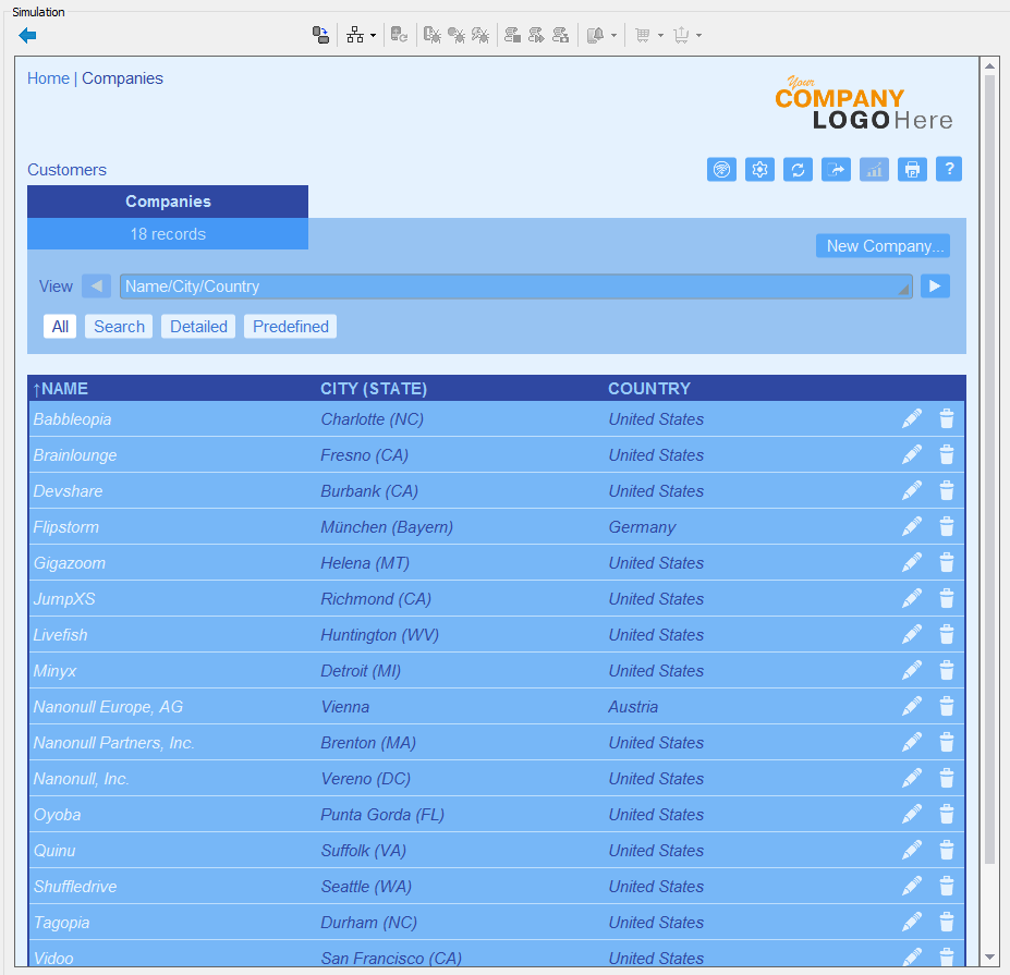 View of all companies in the Altova RecordsManager sample data set