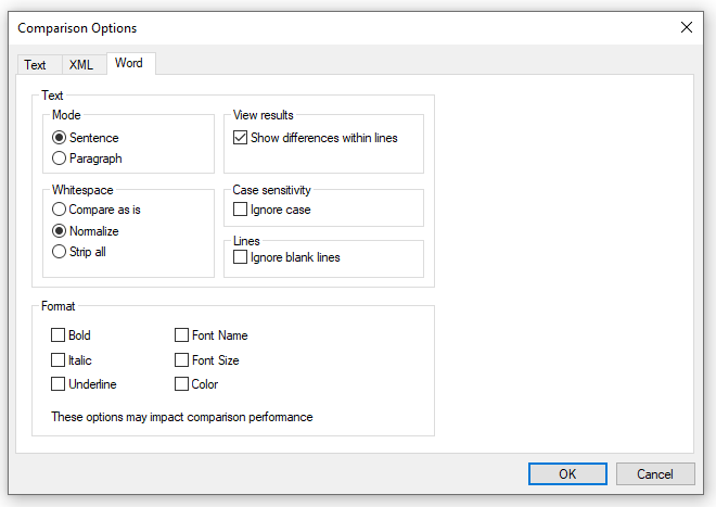 Word document comparison options in DiffDog