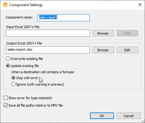 Component settings to specify update options