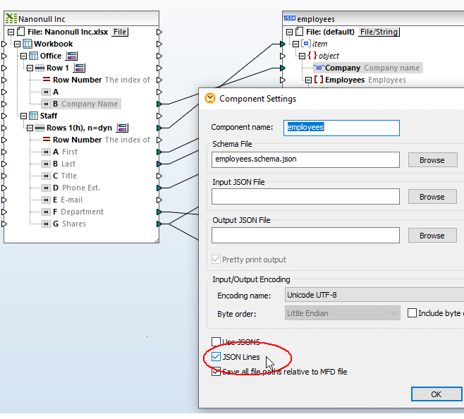 Convert JSON Lines using MapForce