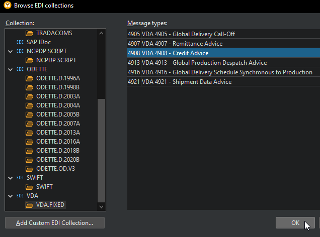 Insert a VDA EDI message to map and convert 