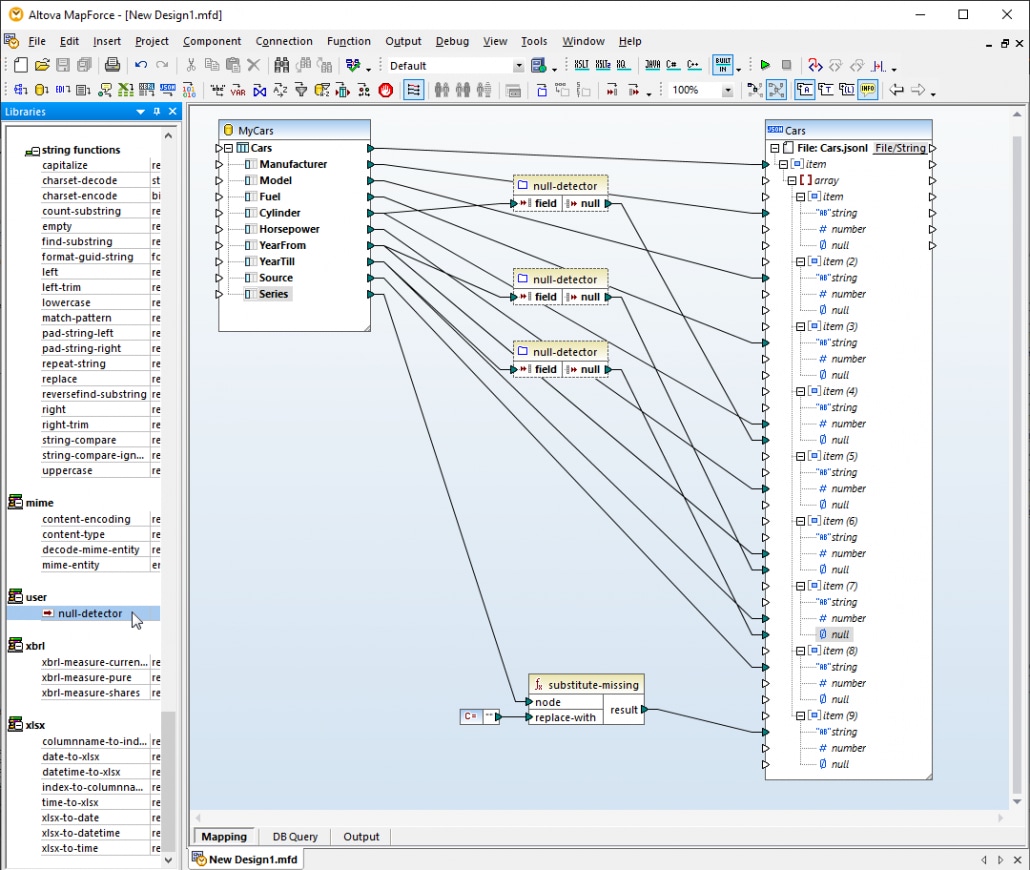 A view of the completed data mapping for JSON Lines