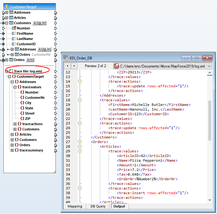 Database tracing to log the output of database mapping in MapForce