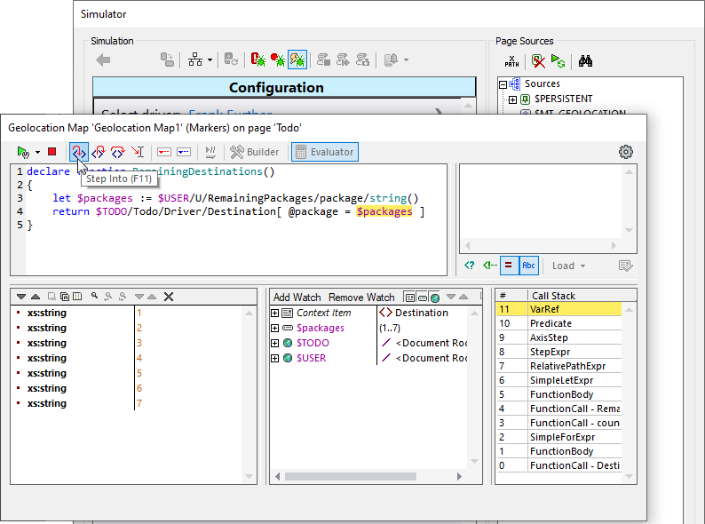 Executing the user function step by step in the MobileTogether debugger