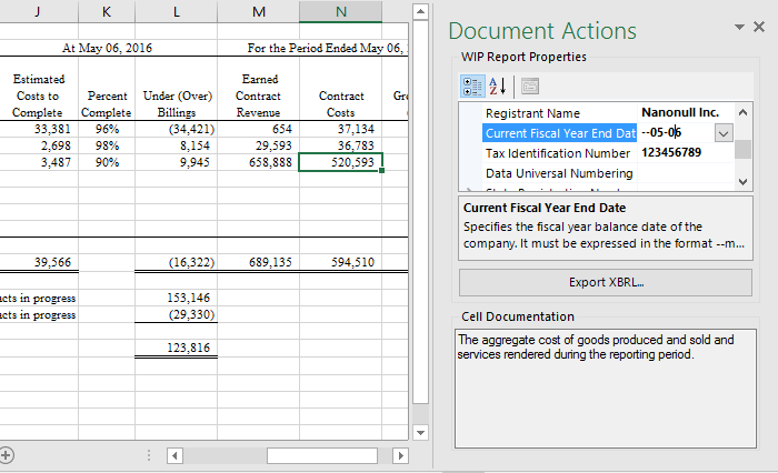 Document actions for Excel WIP template