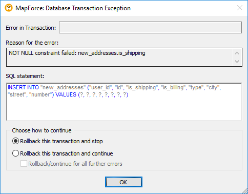 Confirming transaction settings for database exception handling