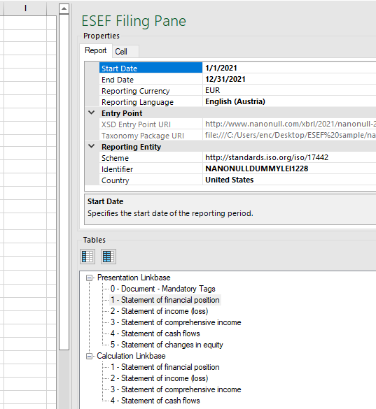 Filing pane for entering details and selecting tables 