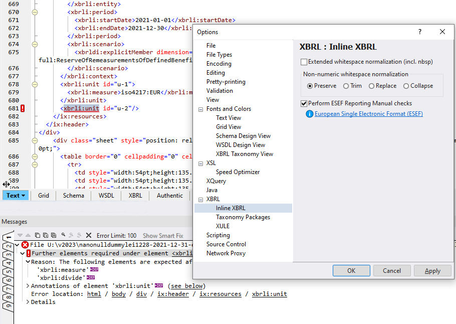ESEF iXBRL validation in XMLSpy