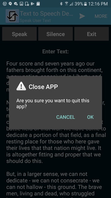 Text-to-Speech for Mobile apps simple demo Exit message
