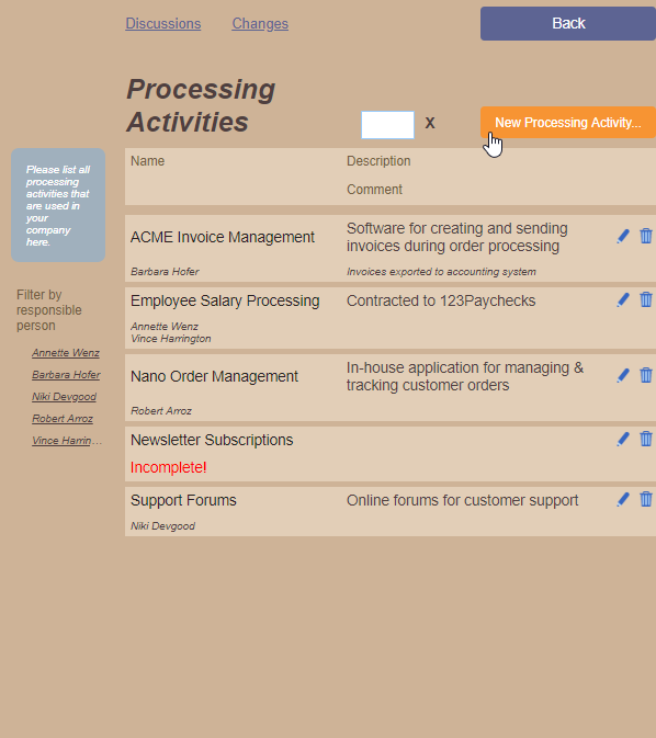 Document GDPR processing activities for long term maintenance and GDPR reports