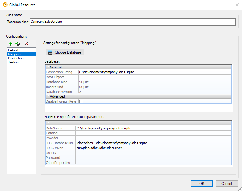 Defining a database in a global resource configuration for a data mapping project