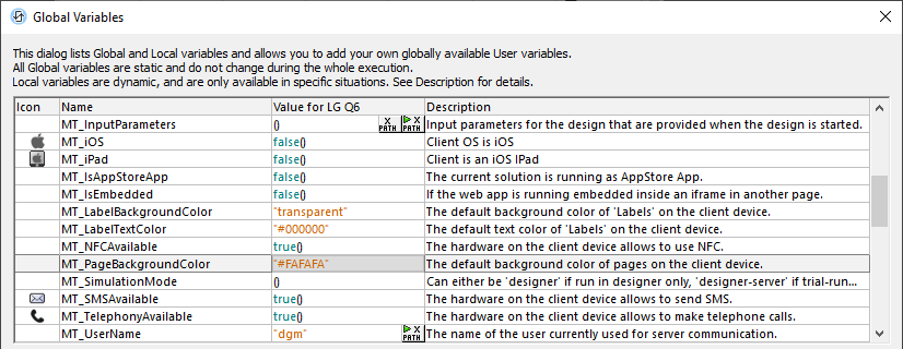 A Global Variable identifies the background color of the user device at runtime.