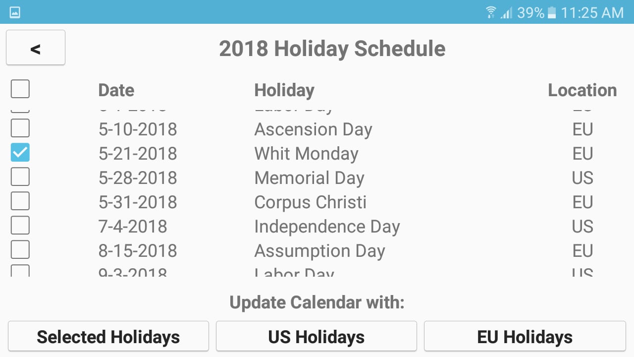 Mobile app calendar integration in a holiday schedule HR app