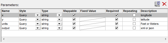 Portion of the MapForce REST Web Services dialog to specify query input parameters