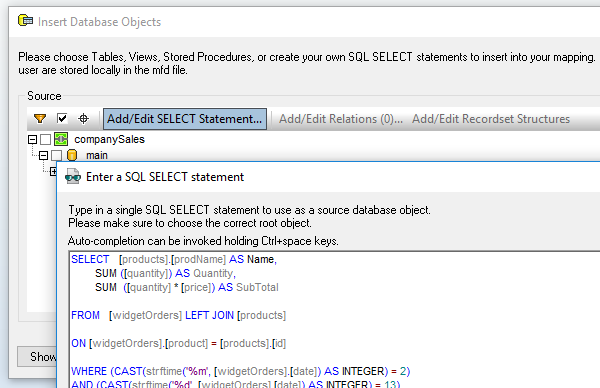 Inserting a db query into a MapForce data mapping