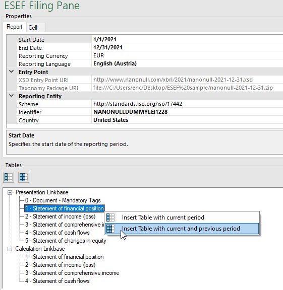 Insert tables for ESEF presentation and calculation linkbases