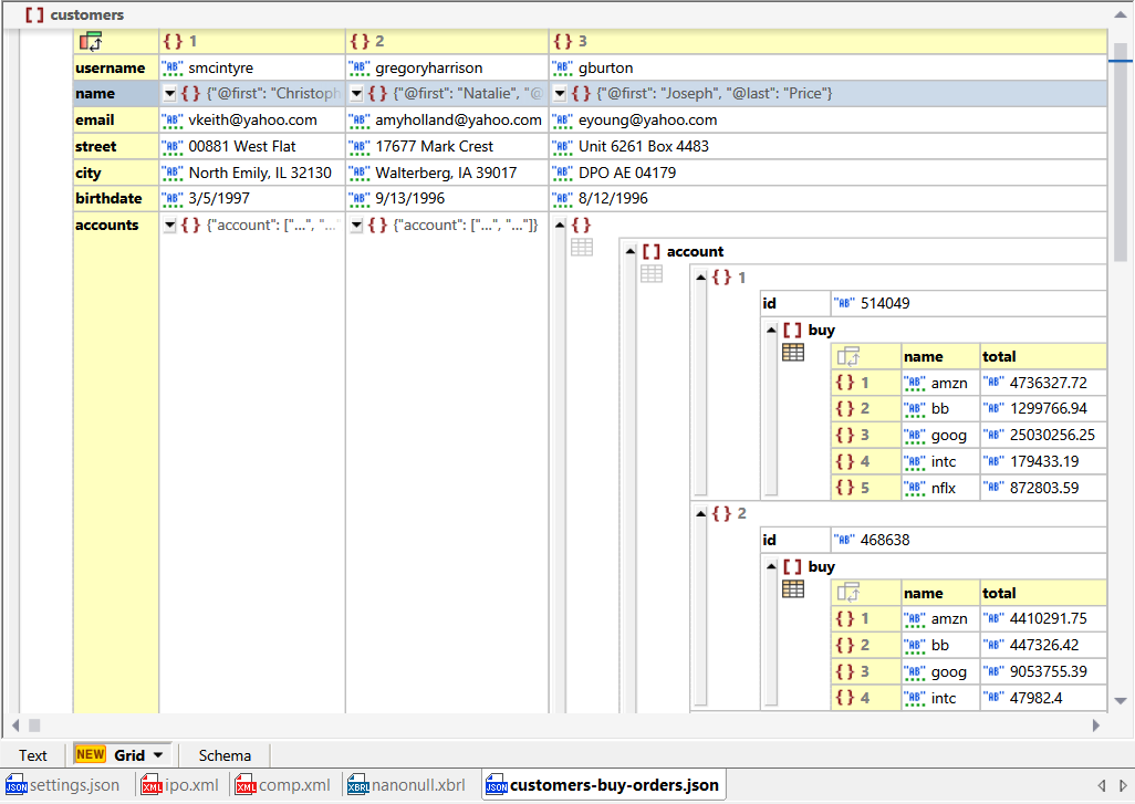 Partial view of the NoSQL data mapping output file in XMLSpy grid view