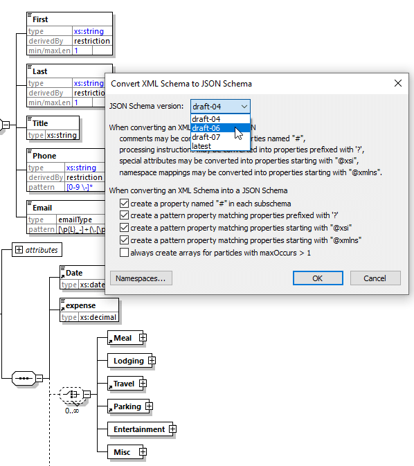 JSON Schema draft-06 and draft-07 are supported in XMLSpy 