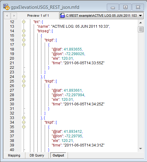 Partial view of the MapForce data mapping output as a JSON file